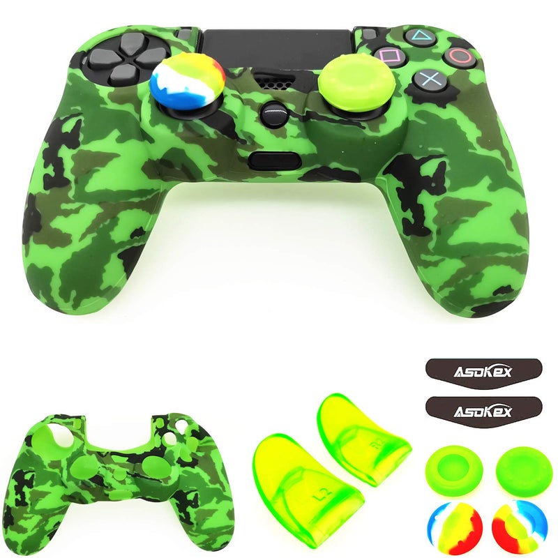 Asokex Silicone Skin Cover for Ps4 Controller (1pc Anti-Slip Case, 1 Pair L2 R2 Trigger Extender, 4pcs Thumb Grips,4pcs LED Light Bar Decal) Protector for DualShock PS4/ Slim/Pro Controller (Green camouflag) - Image 1